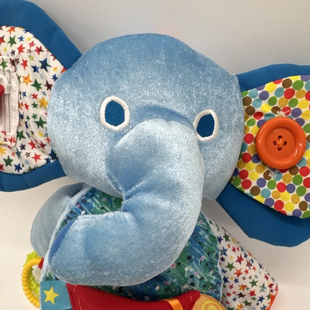 Eric Carle Blue Elephant Activity Plush Button Zip Mirror Teether Chime Toy